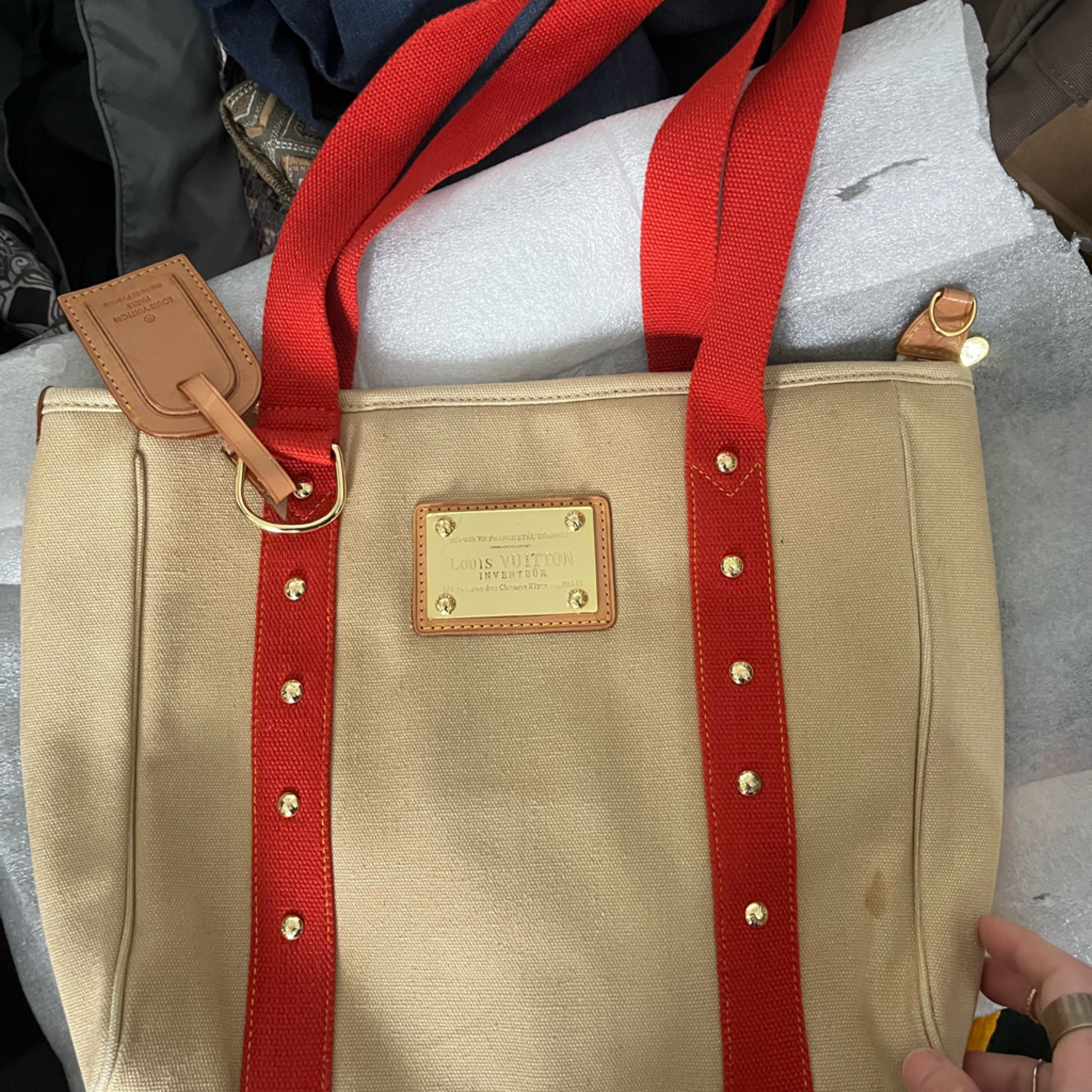 Beige And Red Canvas Backpack